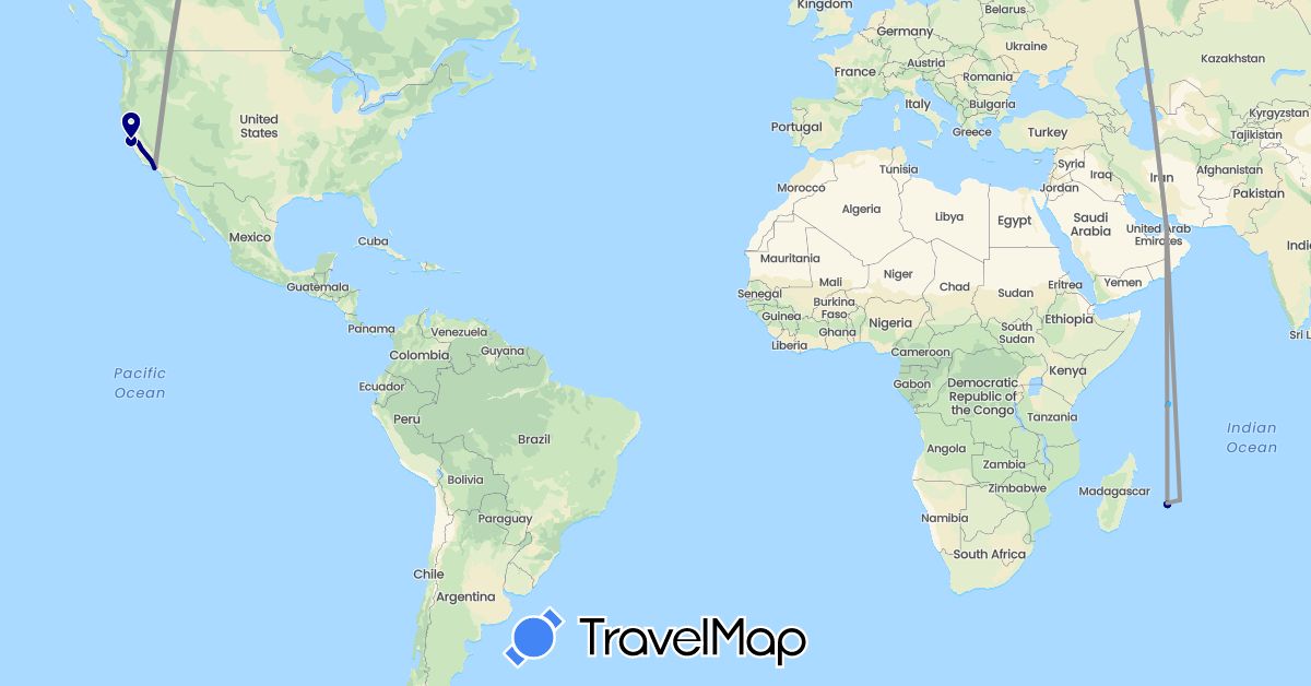 TravelMap itinerary: driving, bus, plane, hiking, boat in United Arab Emirates, France, Mauritius, Seychelles, United States (Africa, Asia, Europe, North America)